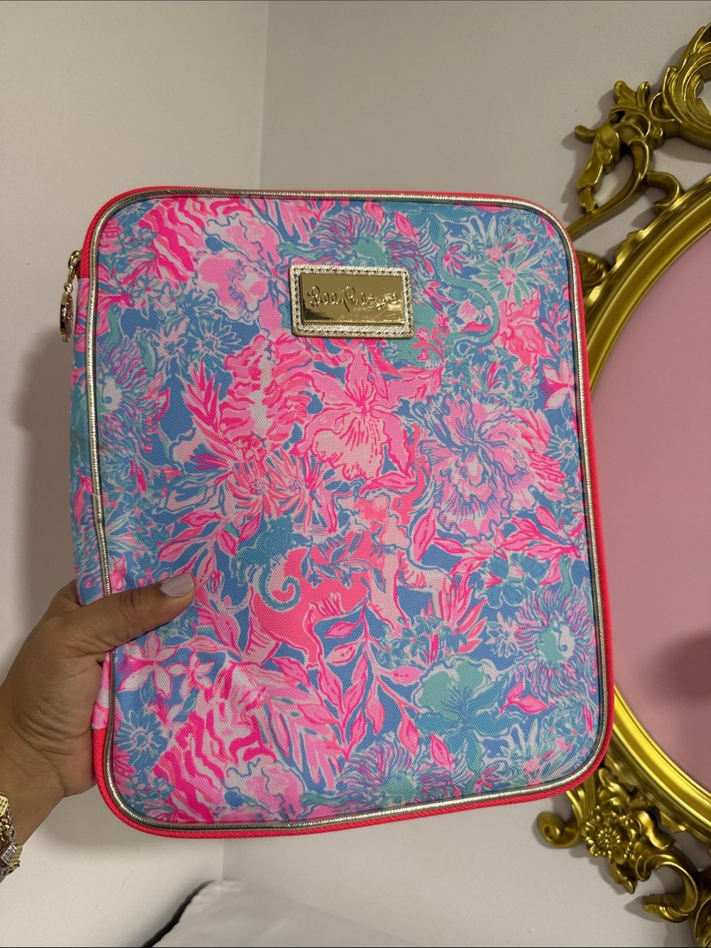 Lilly Pulitzer Pink & Blue Floral Cosmetic Case with Gold Plaque